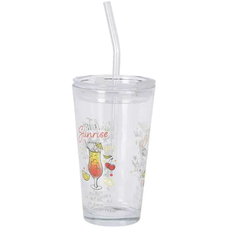 Drinkglas (400ml) met deksel & rietsje