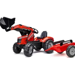 Falk Tractor met frontlader en aanhangwagen “Massey Ferguson” rood