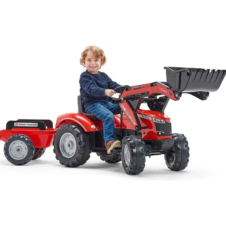 Falk Tractor met frontlader en aanhangwagen “Massey Ferguson” rood