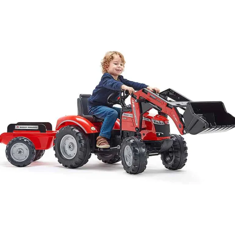 Falk Tractor met frontlader en aanhangwagen “Massey Ferguson” rood