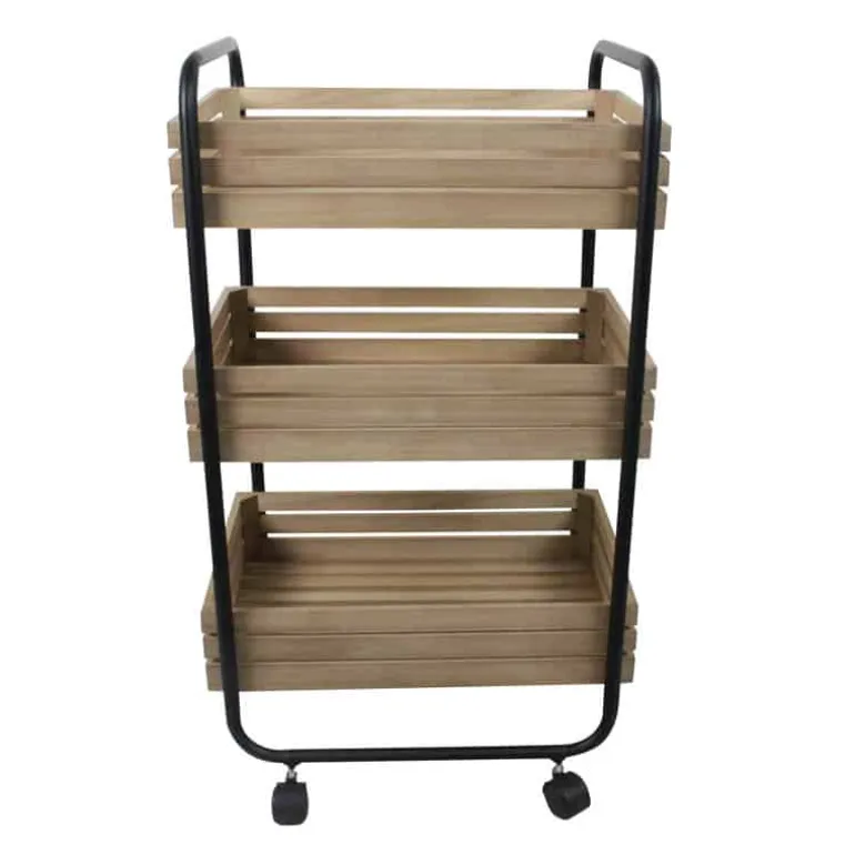 Houten rek op wielen met 3 laden